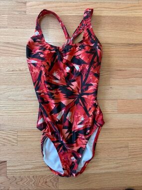 Speedo Red and Black Geometric Girls One-Piece Swimsuit